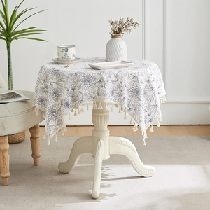 Floral cotton linen tablecloth with blue pattern and tassel fringe for round tables