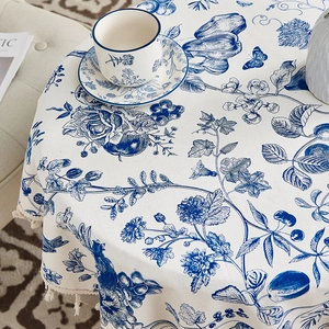 Blaue und weiße Tischdecke aus Baumwollleinen mit Quasten für Esstische und Dekoration