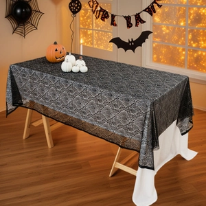 Black Halloween lace tablecloth with spooky spider web and bat patterns for party decor