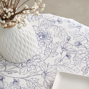 Floral cotton linen tablecloth with blue chrysanthemum patterns in vintage rustic style