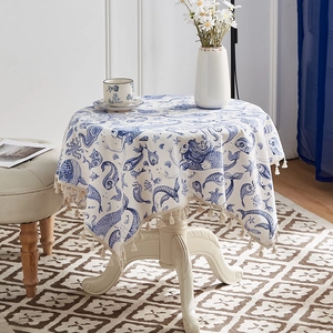 Round Tablecloth Mermaid Ocean Theme Blue And White Polyester Cotton Blend With Tassels For Dining Table Home Decor