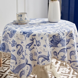 Round mermaid print tablecloth made of cotton linen with elegant cream fringe tassels