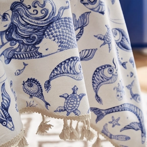 Blue ocean life pattern cotton linen tablecloth with elegant cream tassels for home decor