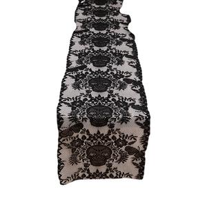 Halloween black lace table runner with gothic skull and floral embroidery patterns
