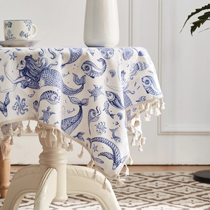 Nautical theme cotton linen tablecloth with mermaid print and tassel fringe on round table