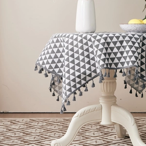 Nordic style gray and white geometric tablecloth with cotton linen fabric and fringe tassels