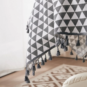 Minimalist cotton linen tablecloth with gray geometric patterns and tassel edges