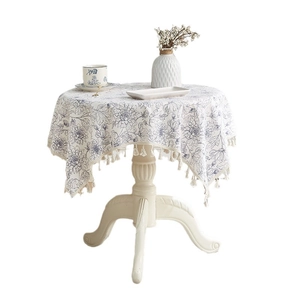 Vintage floral cotton linen round tablecloth with white tassels for home dining tables