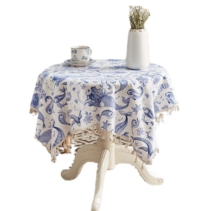 Round mermaid print cotton linen tablecloth with marine fish patterns and elegant tassels