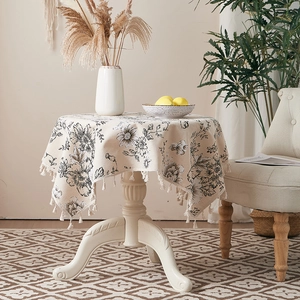 Vintage Ink Flower Printed Tablecloth Polyester Cotton Blend Table Cloth With Elegant Tassels Dustproof Heat Resistant Home Table Decor