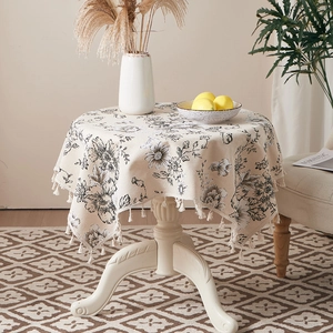 Ink painting style cotton linen tablecloth with vintage floral patterns and tassels