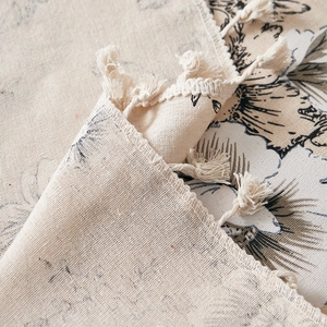 Ink floral cotton linen tablecloth with vintage white fringe and durable texture