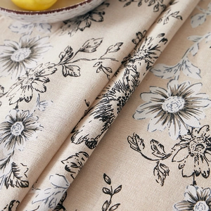 Ink style cotton linen tablecloth featuring floral patterns and a vintage woven texture