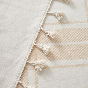 Brown checkered cotton linen tablecloth with tassel edges and soft woven texture