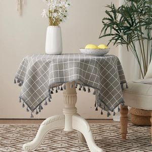 Checkered Tablecloth Cotton Linen Blend Tassel Edge Nordic Style Dustproof Heat Resistant Table Cover