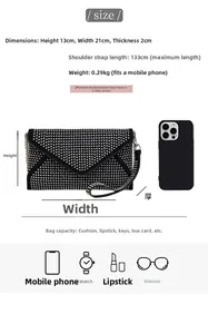 Guide des tailles montrant les dimensions 21x13cm de la pochette de soirée en strass