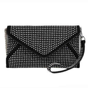 Pochette de soirée enveloppe noire strassée avec chaîne argentée et bandoulière chic