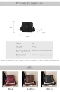 Size chart for women's bucket bag showing dimensions 22x21x12cm and material specs