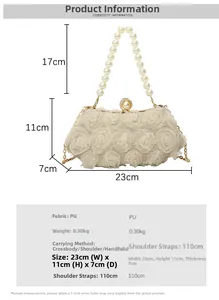 Size guide for floral evening clutch with pearl handle showing 23cm width and PU material