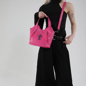Retro rose pink leather crossbody tote with metallic cross and crown gothic accents