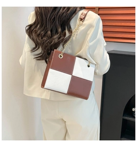Brown and white checkered square crossbody bag with gold chain strap shown on a model