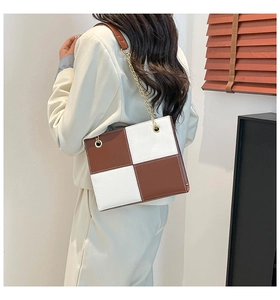 Model wearing a brown and white checkered square crossbody bag with gold chain strap