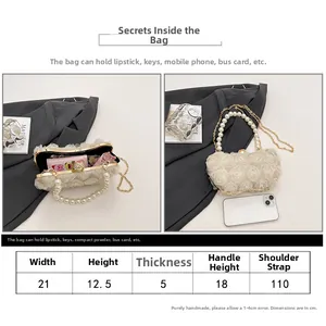 Detailed size chart for floral evening clutch showing dimensions and storage capacity