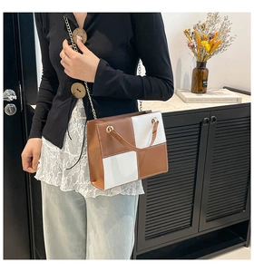Fashionable brown and white patchwork crossbody bag with elegant gold chain strap