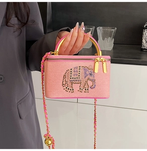 Pink hard shell box bag with rhinestone elephant and elegant golden metal handle