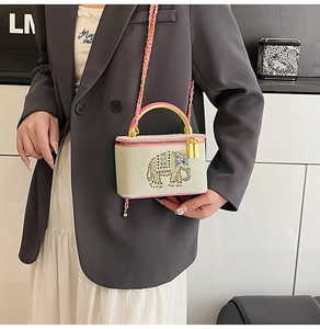 Detail of cream box bag with pink trim, gold chain, and elephant embroidery design