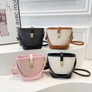 Women Korean Style Contrast Color Woven Texture Bucket Bag Small PU Leather Handbag Single Shoulder Crossbody Bag With Metal Twist Lock
