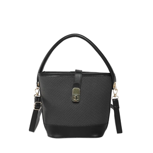 Retro black bucket bag with woven texture, metal lock, and detachable shoulder strap