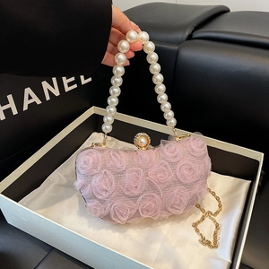 3D Chiffon Rose Flower Evening Bag Elegant Artificial Pearl Handle Clutch For Women Wedding Party Mesh Floral Box Purse With Metal Chain