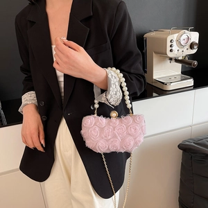 Pink chiffon rose evening box clutch with pearl handle and golden chain strap