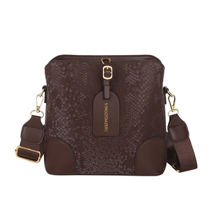 Dark brown snakeskin texture bucket bag with wide adjustable strap and gold hardware