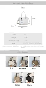Detailed chart showing PU leather bucket bag dimensions, weight and available color options