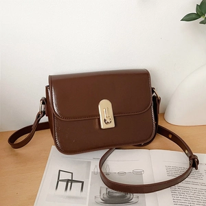 Vintage PU Leather Square Crossbody Bag Women Small Shoulder Bag Gold Metal Lock Minimalist Commuting Underarm Bag