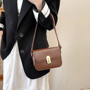 Vintage brown PU leather crossbody square bag with gold oval twist lock for women