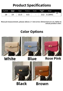 Tableau des tailles pour sac à bandoulière en cuir PU avec dimensions et cinq coloris