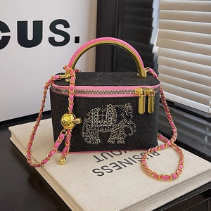 Women Rhinestone Elephant Denim Box Bag Korean Style PU Leather Handbag With Metal Handle Chain Strap Crossbody Bag