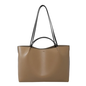 Minimalist large capacity brown leather tote bag with black double handles for women