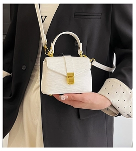 Detail of white litchi pattern mini handbag with elegant gold metal twist lock and handle