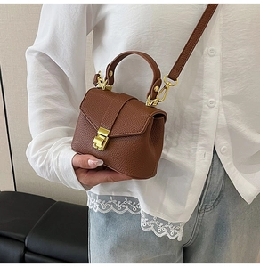 Brown lychee leather mini crossbody bag with gold square clasp on a casual model