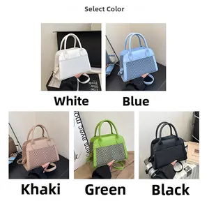 Detailed grid of PU leather handbags featuring herringbone woven texture in five colors