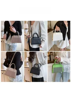 Model showcase of four chevron texture handbags in cream, black, white and green shades