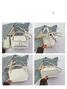 Four angles of white pebble grain bucket bag with flap closure and adjustable strap