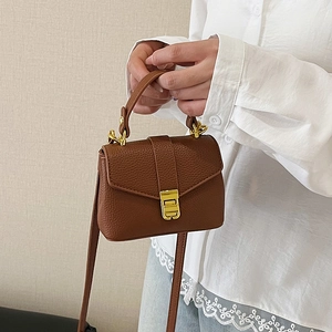Chic brown lychee pattern mini handbag with gold clasp and detachable shoulder strap