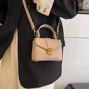 Chic beige lychee leather mini handbag with gold clasp and adjustable shoulder strap
