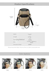 Detailed view of straw and PU leather phone bag with size specs and strap details