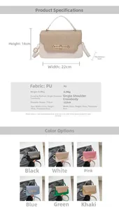 Size chart showing PU handbag dimensions 22x14x6cm and multiple color options available
